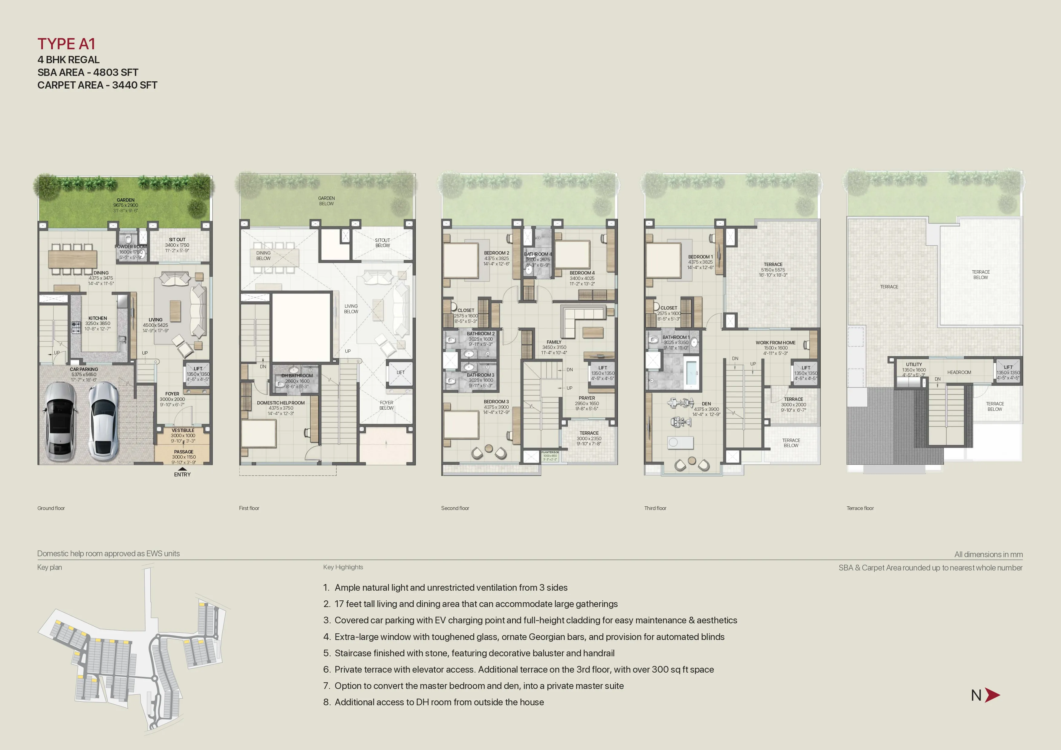 TYPE A1 4 BHK REGAL SBA AREA - 4803 SFT CARPET AREA - 3440 SFT