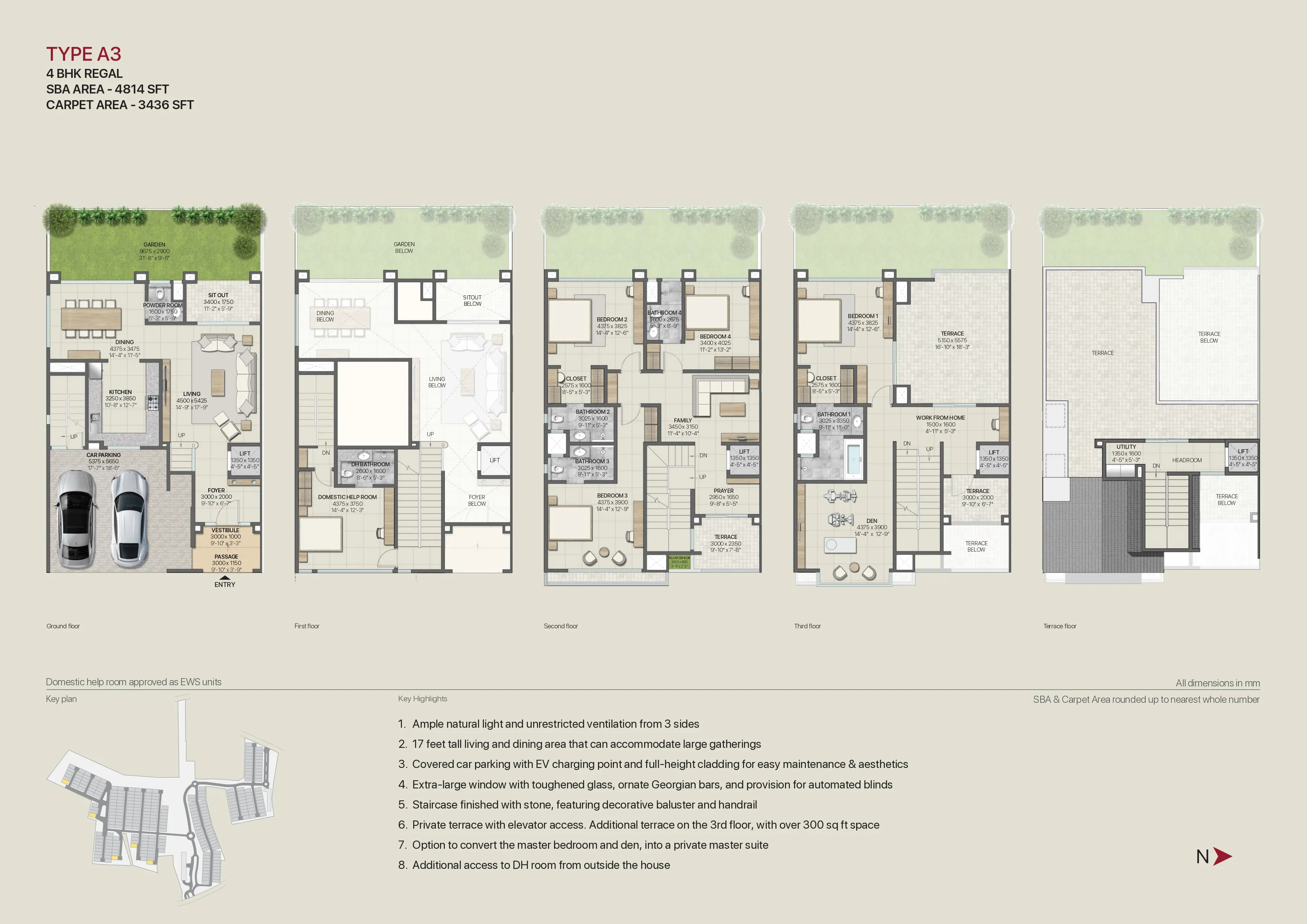 TYPE A3 4 BHK REGAL SBA AREA - 4814 SFT CARPET AREA - 3436 SFT