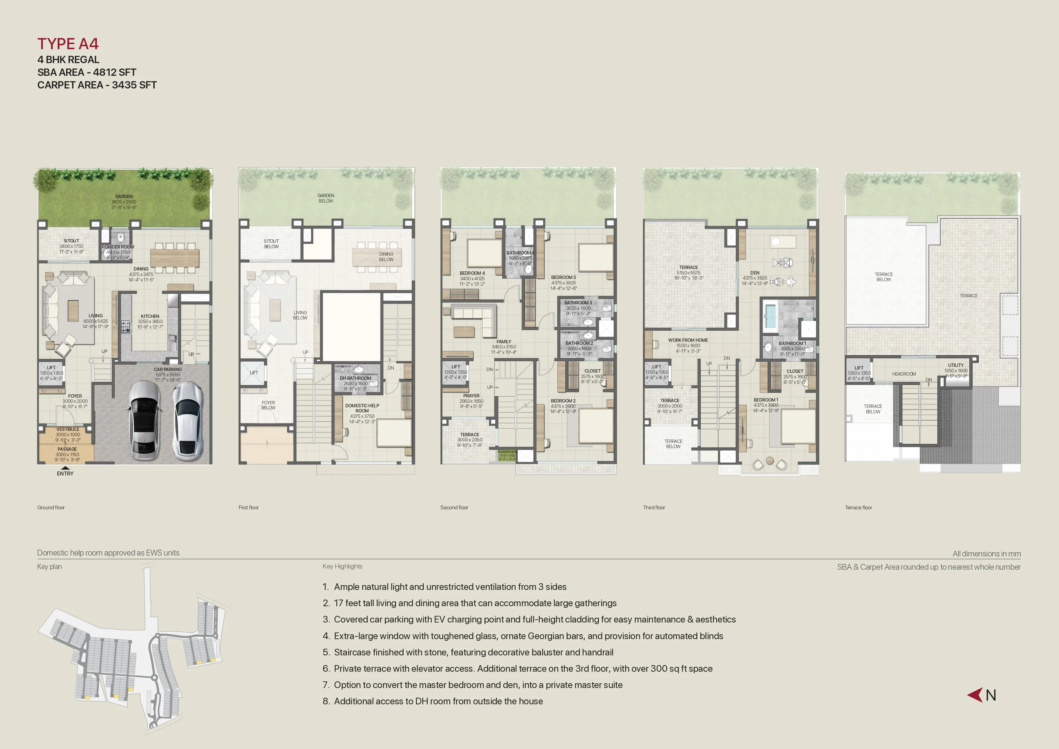 TYPE A4 4 BHK REGAL SBA AREA - 4812 SFT CARPET AREA - 3435 SFT