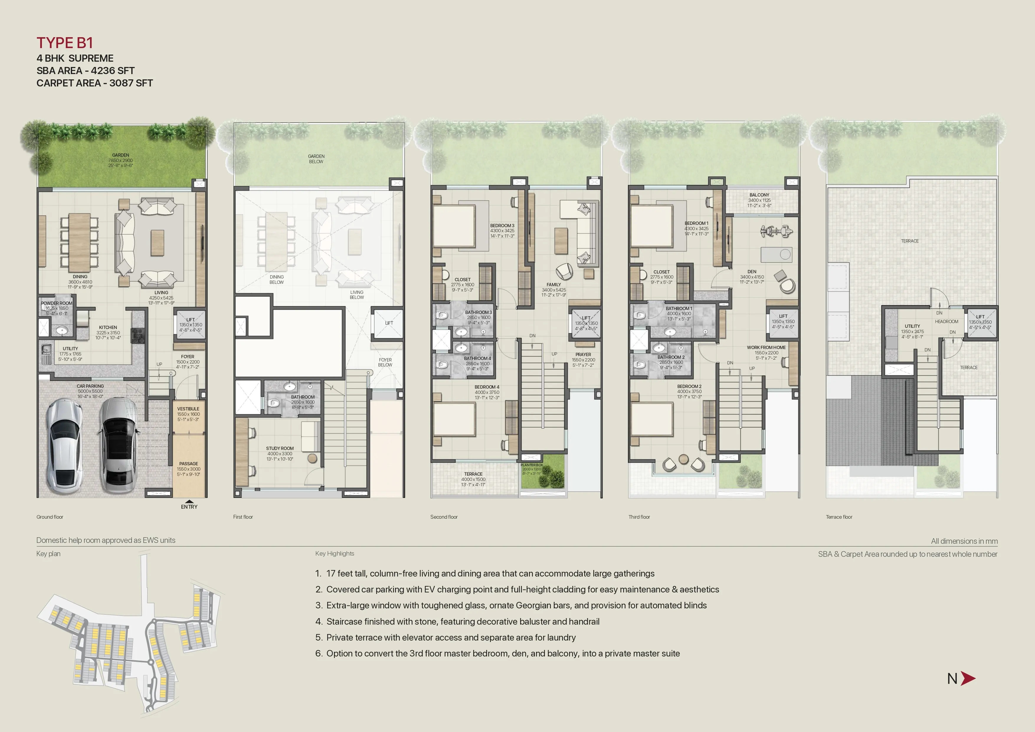 TYPE B1 4 BHK SUPREME SBA AREA - 4236 SFT CARPET AREA - 3087 SFT